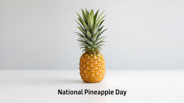 A whole pineapple on a white surface with text reading 'National Pineapple Day'