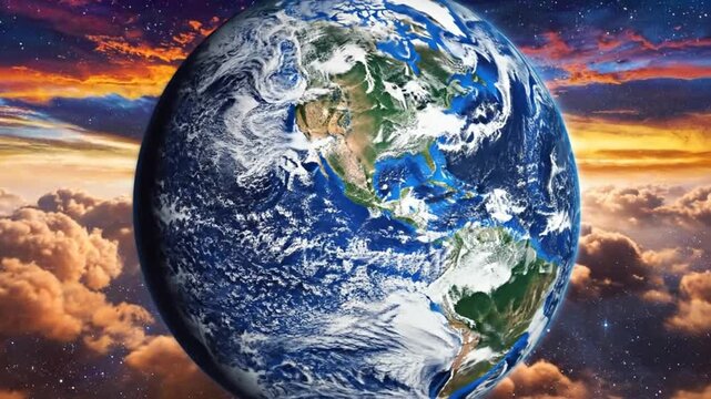 A vibrant blue planet floating above a sea of golden clouds