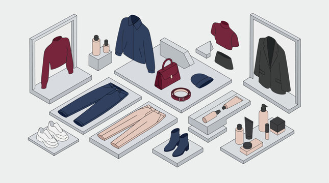 Isometric display of fashionable clothing and beauty products, showcasing a curated collection of apparel and cosmetics.