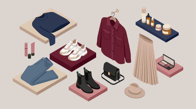 Flat lay isometric view of a curated collection of stylish clothing, shoes, and accessories for a modern wardrobe.