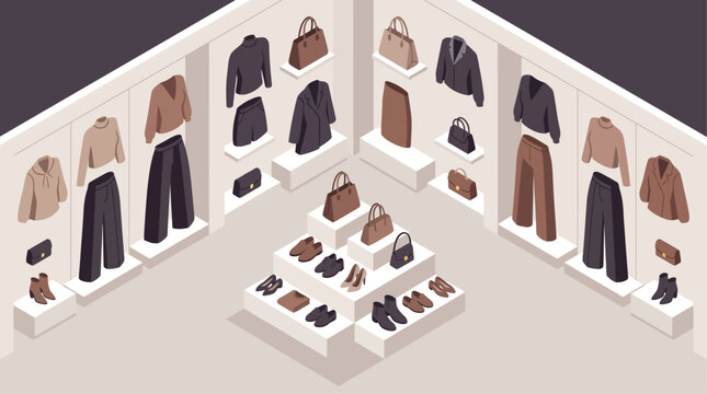 Modern clothing store interior design with isometric display of women's fashion apparel and accessories.