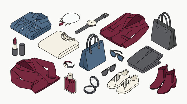 A collection of isometric fashion items for women, including clothing, accessories, and cosmetics.
