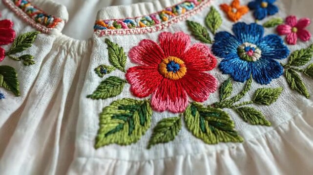 A white garment features intricate and colorful floral embroidery designs