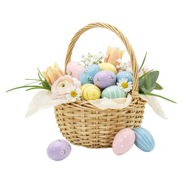colorful easter basket with pain ted eggs 