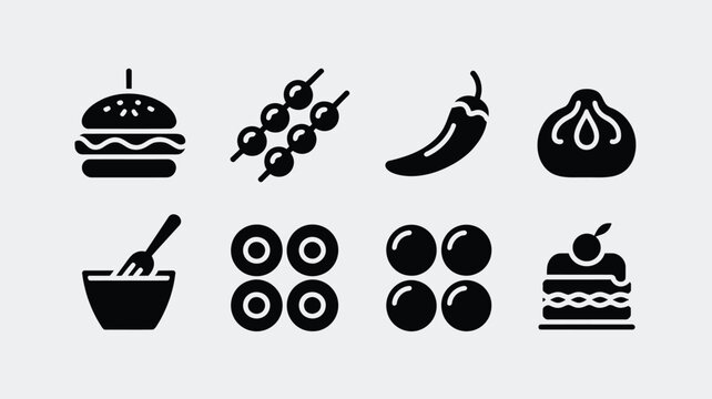 Food icon vector set with hamburger kebab chili dumpling donuts candies cake and cooking bowl for culinary design illustration