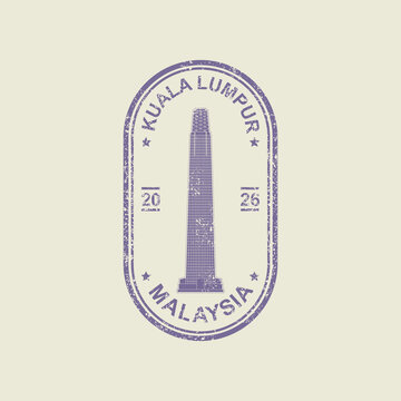 Vintage Tun Razak Exchange Tower passport stamp with distressed rubber stamp effect. Modern Kuala Lumpur financial district landmark vector illustration for travel and tourism concepts.