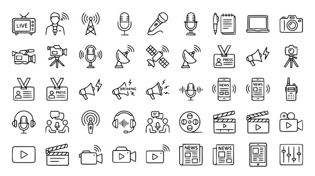 Media and Live News Line Icon Set with Broadcasting Journalism TV Radio and Communication Outline Symbols