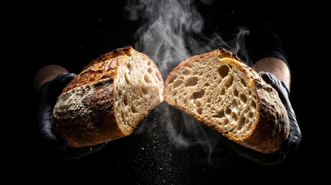 Hands breaking a fresh warm sourdough bread loaf in half with dramatic steam on black background
