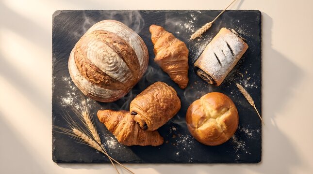Top down view of assorted artisan bakery products including sourdough bread and croissants on a dark slate board