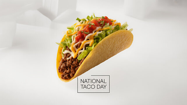 A close-up of a taco filled with ground meat, lettuce, cheese, and salsa, presented against a clean white background with text indicating National Taco Day.