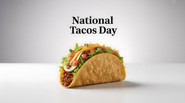 A close-up of a taco filled with lettuce, tomatoes, cheese, and beans on a white surface with 'National Tacos Day' text above.