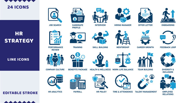 HR strategy vector icons. Human resources line signs set. Job search recruitment icon