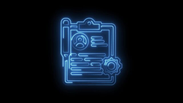 Glowing blue neon outline of a resume clipboard with profile icon pencil and gear symbol on black