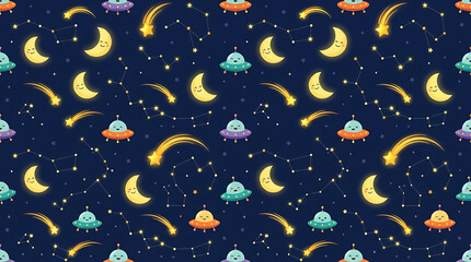 Fototapeta premium Cute cartoon space pattern with smiling moons, colorful UFOs, shooting stars, and constellations on a dark blue background, perfect for children's designs.