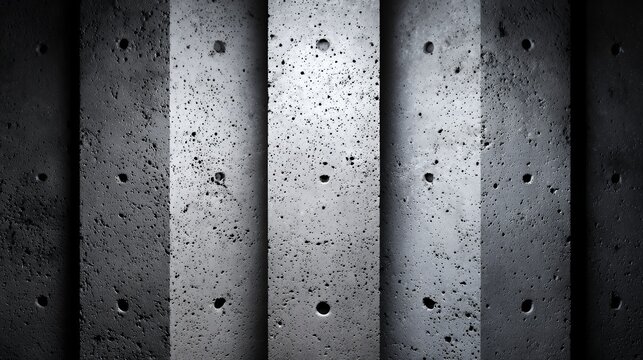 Dramatic lighting on vertical concrete pillars, exposed cement texture with formwork holes, dark moody architectural background