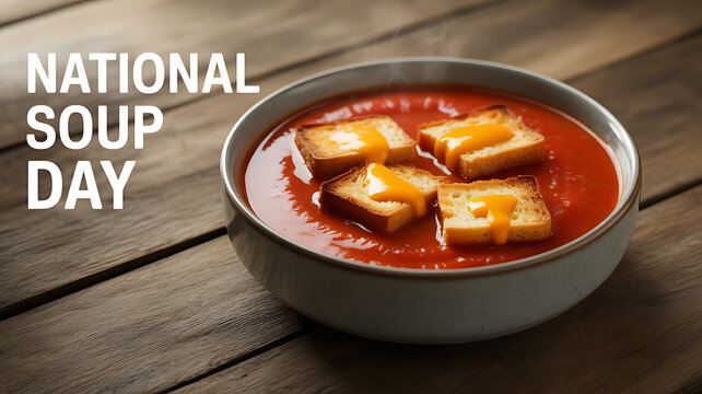A bowl of tomato soup with grilled cheese croutons on a wooden table celebrating National Soup Day