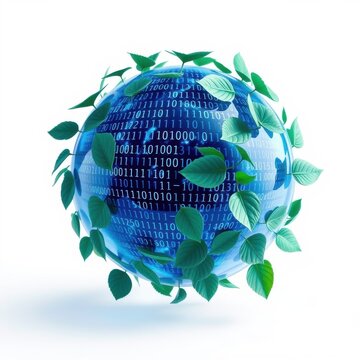 Globe covered with leaves, binary code visible. Represents nature, technology, digital world connection. Future concept.