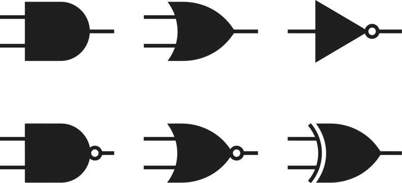 collection of six digital logic gate symbols on white background
