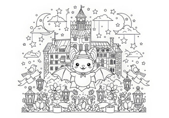 Fototapeta premium Cute bat coloring page with castle and night sky elements.