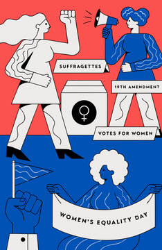 Women's rights, equality, and suffrage vector icons, feminist movement illustrations, 19th Amendment, votes for women symbols