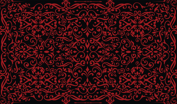 Dark Vintage Baroque Ornament Pattern Ornate Red Scrollwork for Luxury Fabric Design