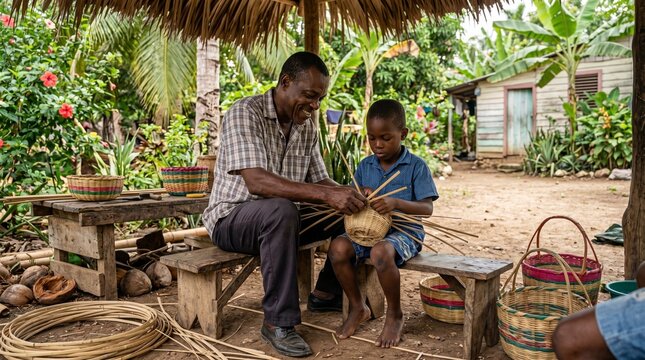 An Haiti father smiles as he teaches a young boy the traditional craft of weaving bamboo baskets under a thatched-roof shelter