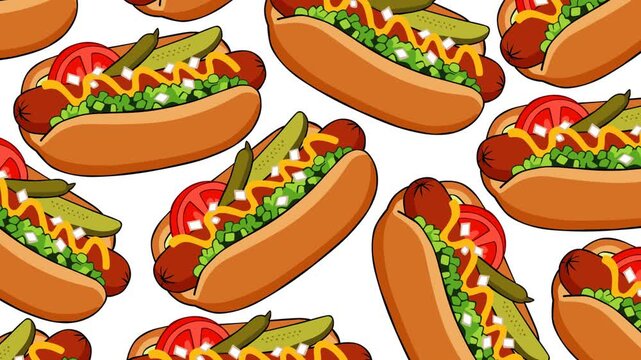 Seamless hot dog pattern featuring classic toppings including pickles, tomatoes, onions, mustard, and relish. Perfect for food promotions, restaurant advertising, holiday events