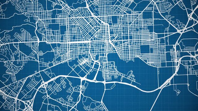 Ink reveal animation of Baltimore city, Maryland (MD), United States of America, grid map. Aerial top view. Blueprint style. White lines with blue background. 4K Seamless loop.