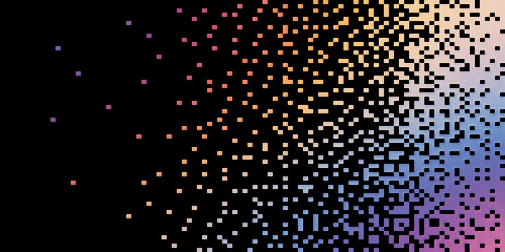 Abstract digital dispersion effect with colorful square pixels fading into black background showing dynamic motion design concept.