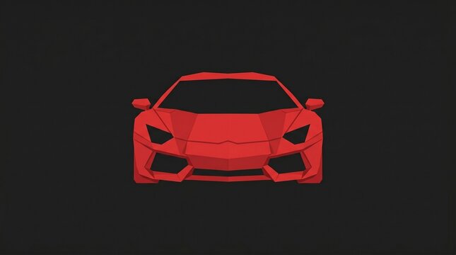 Minimalist front view red geometric sports car logo. Low poly modern supercar concept illustration on dark background.