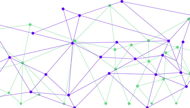 Abstract purple and green technology network background featuring geometric plexus lines and nodes on a white backdrop for design.
