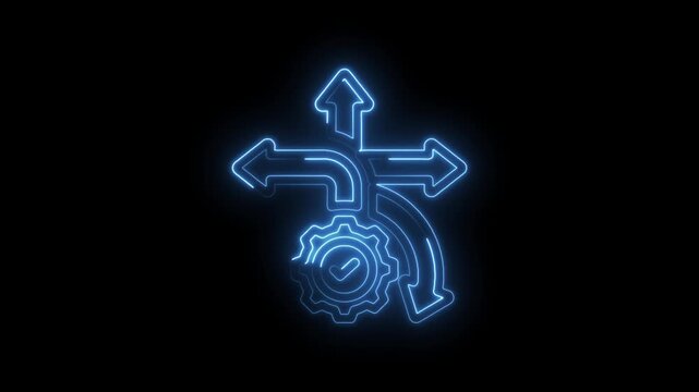 Neon blue glowing arrow pathways and gear with checkmark symbolizing decision making process... icon