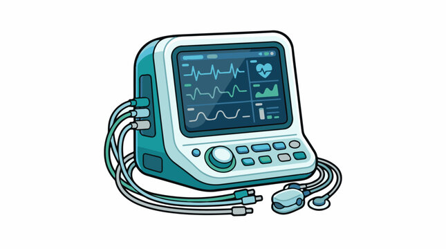 A medical device with a screen displaying a heart rate and other vital signs