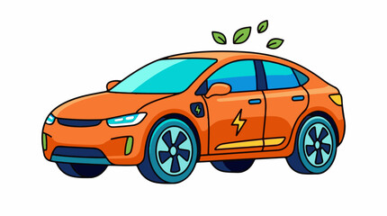 A cartoon orange electric car with a yellow lightning bolt on the side and green leaves above © Motor