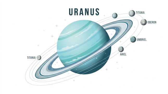 Flat design Uranus planet vector illustration with major moons system