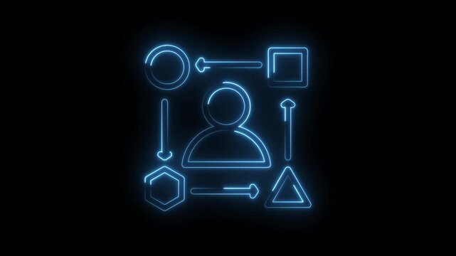 Neon blue human icon surrounded by geometric shapes and arrows illustrating connection process