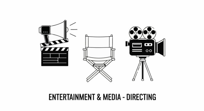 A film directing icon set with clapperboard, director chair, and vintage camera