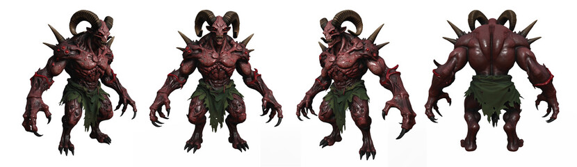 large demon creature stands in various poses. creature has horns, spikes, and green skirt. scene highlights its muscular build and fierce appearance. 3d render © Evgenii