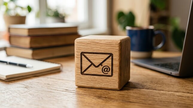 Wooden cube with email icon on a desk