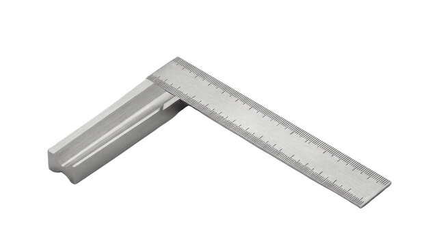 Stainless steel L shaped ruler and measuring square with engraved scale markings, isolated on clean white product background angle view tool set.

