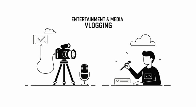 A black and white graphic illustration showing a man sitting at a desk with a microphone in hand next to a camera on a tripod
