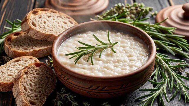 Creamy risotto bowl with fresh rosemary and crusty bread.