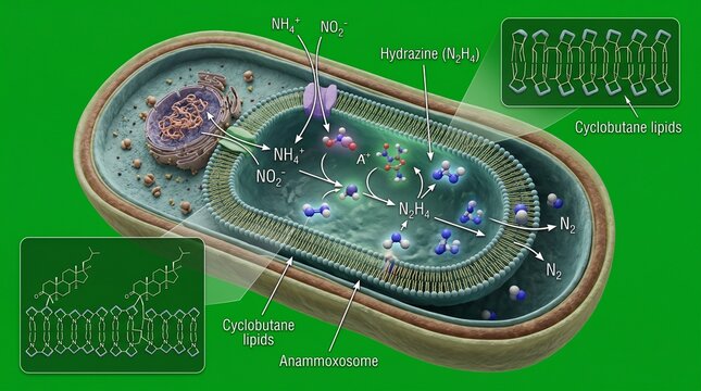 Anammox bacterium cutaway illustration displaying internal structures and biochemical processes bacteria microbe