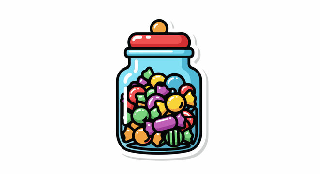 A colorful cartoon illustration of a jar filled with assorted candies