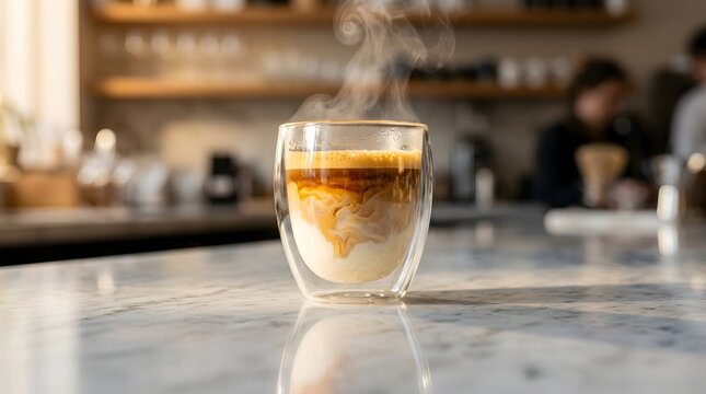 Coffee drink, latte art, steaming hot beverage, glass cup, cafe atmosphere