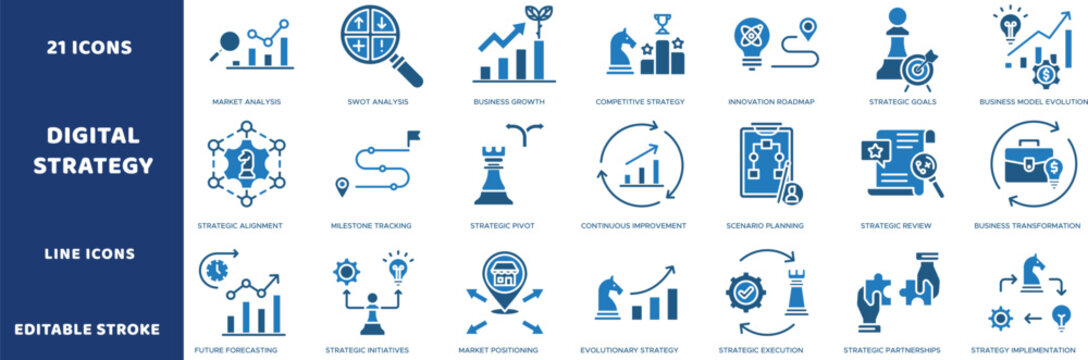 Digital strategy vector icons. Corporate business growth line signs set. Strategic planning icon