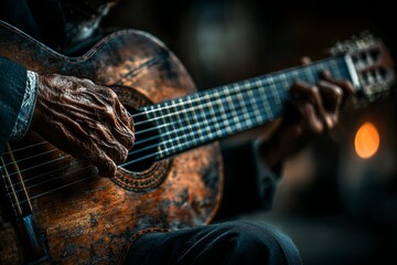 Obraz premium Close-up of a musician playing an acoustic guitar in a dimly lit setting