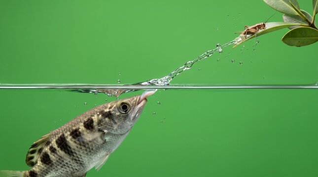 Archerfish spitting water jet towards insect on mangrove leaf underwater view toxotes