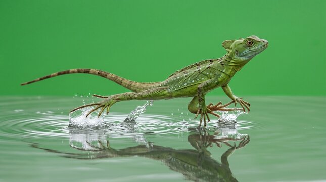 Basilisk Lizard Running On Water Against A Green Screen Background reptile herpetology