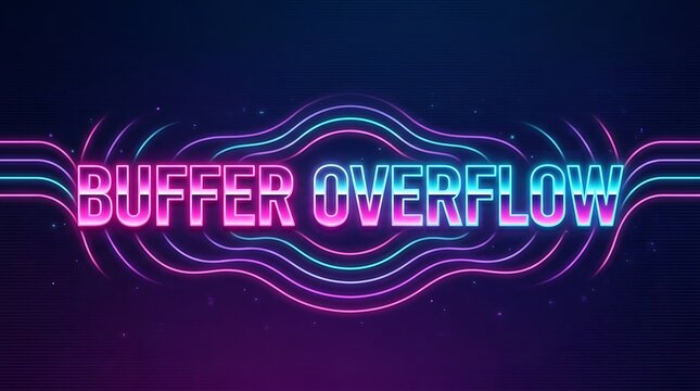 Buffer Overflow text with glowing retro neon lines on a dark purple background.